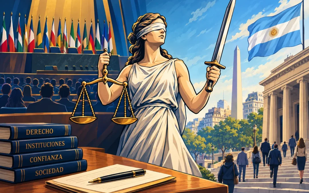 Ilustración de la Justicia con los ojos vendados, sosteniendo una balanza y una espada, entre un recinto de asamblea internacional con banderas y la ciudad de Buenos Aires con el Obelisco, la bandera argentina y un edificio de tribunales.